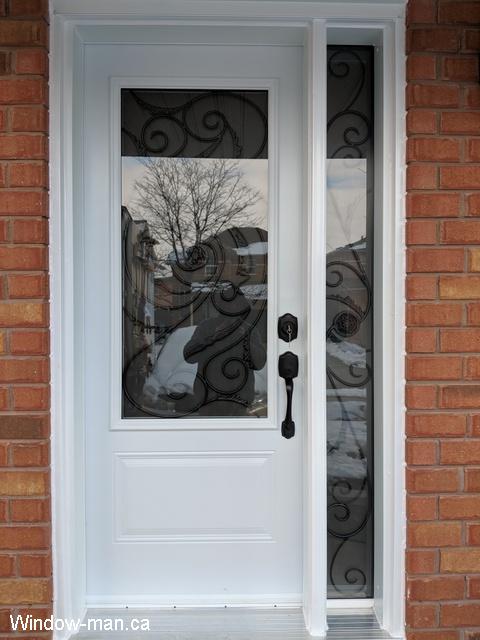 Single steel insulated front entry door three quarters glass with one sidelite full frame to frame glass. PVC laminated door jamb. Port Union glass inserts